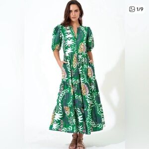 Oliphant Puff Sleeve Grenadine Green Floral Maxi Dress